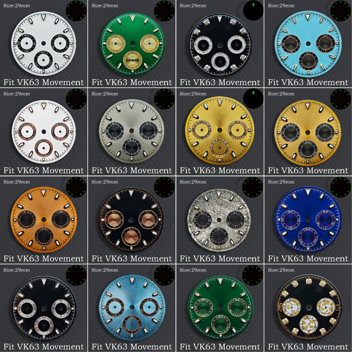 Luminous Dial Face - VK63 29mm Dial Watch Hands Green